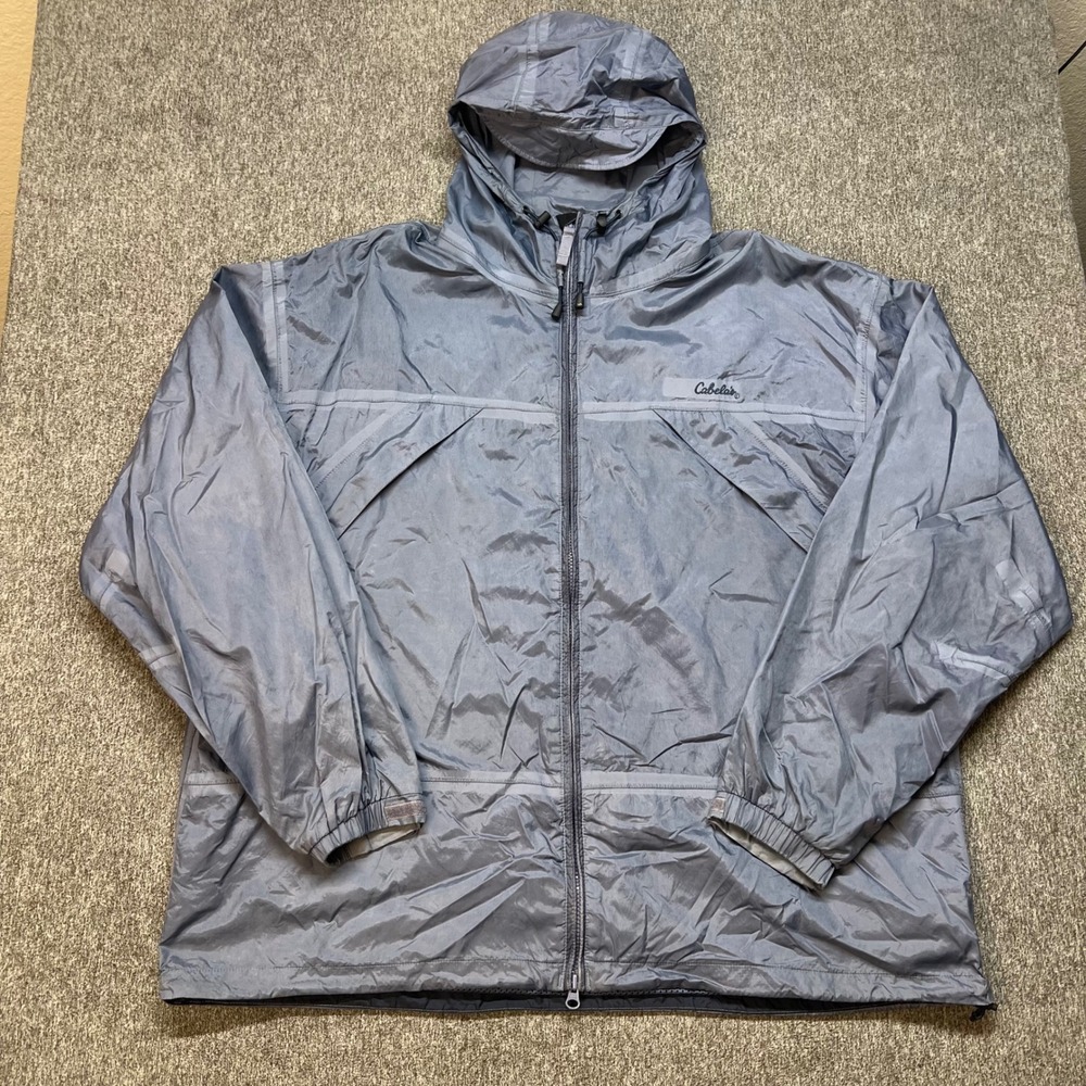 Cabelas Packable Windbreaker Jacket Mens XL Blue Gray Mesh Lined Hooded 92-3085‎
